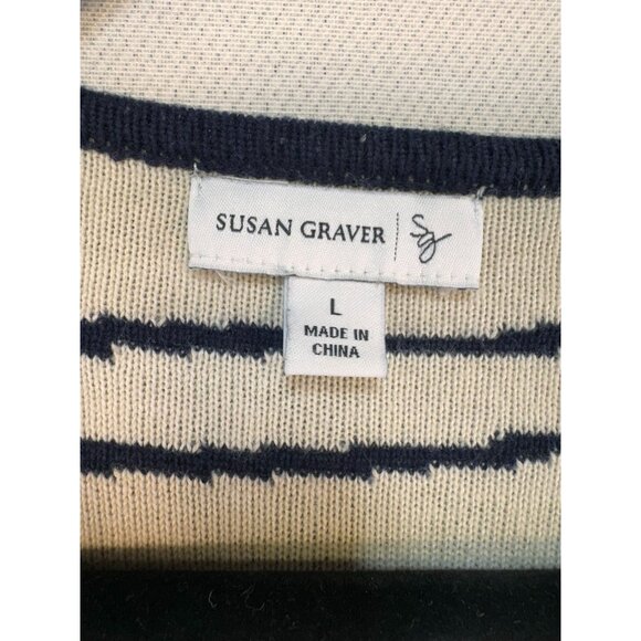 Susan Graver Womens Zip-Up Cardigan Sweater L Dark Navy & Beige Abstract Print - Picture 2 of 10